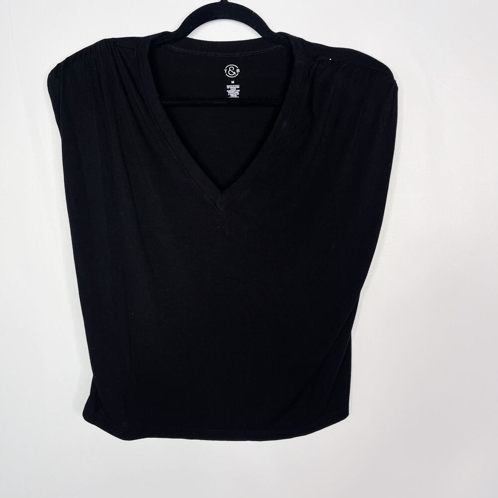 Treasure & Bond Womens Medium M Black Padded Shoulder V Neck Tee Tshirt Top